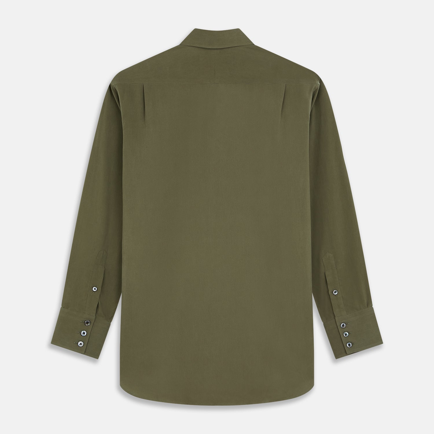 View 5 of product The Turnbull & Asser Green Silk Regular Fit Flaxton Shirt features long sleeves, a classic Bury collar, white buttons, and a straight hem, shown against a plain white background.