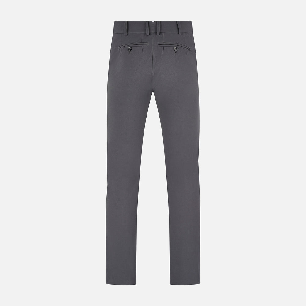 The Charcoal James Trouser by Turnbull & Asser features a straight-leg cut, belt loops, side pockets, and a front zipper—expertly tailored for elegant versatility, shown on a plain white background.