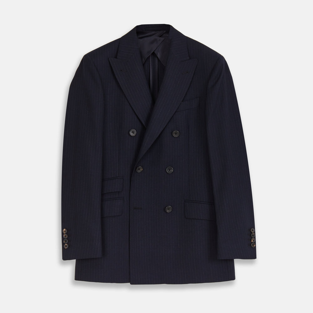 The Turnbull & Asser Navy Wool Pinstripe Double-Breasted Jacket features peak lapels, four front buttons, and three front pockets, and is displayed on a plain white background.