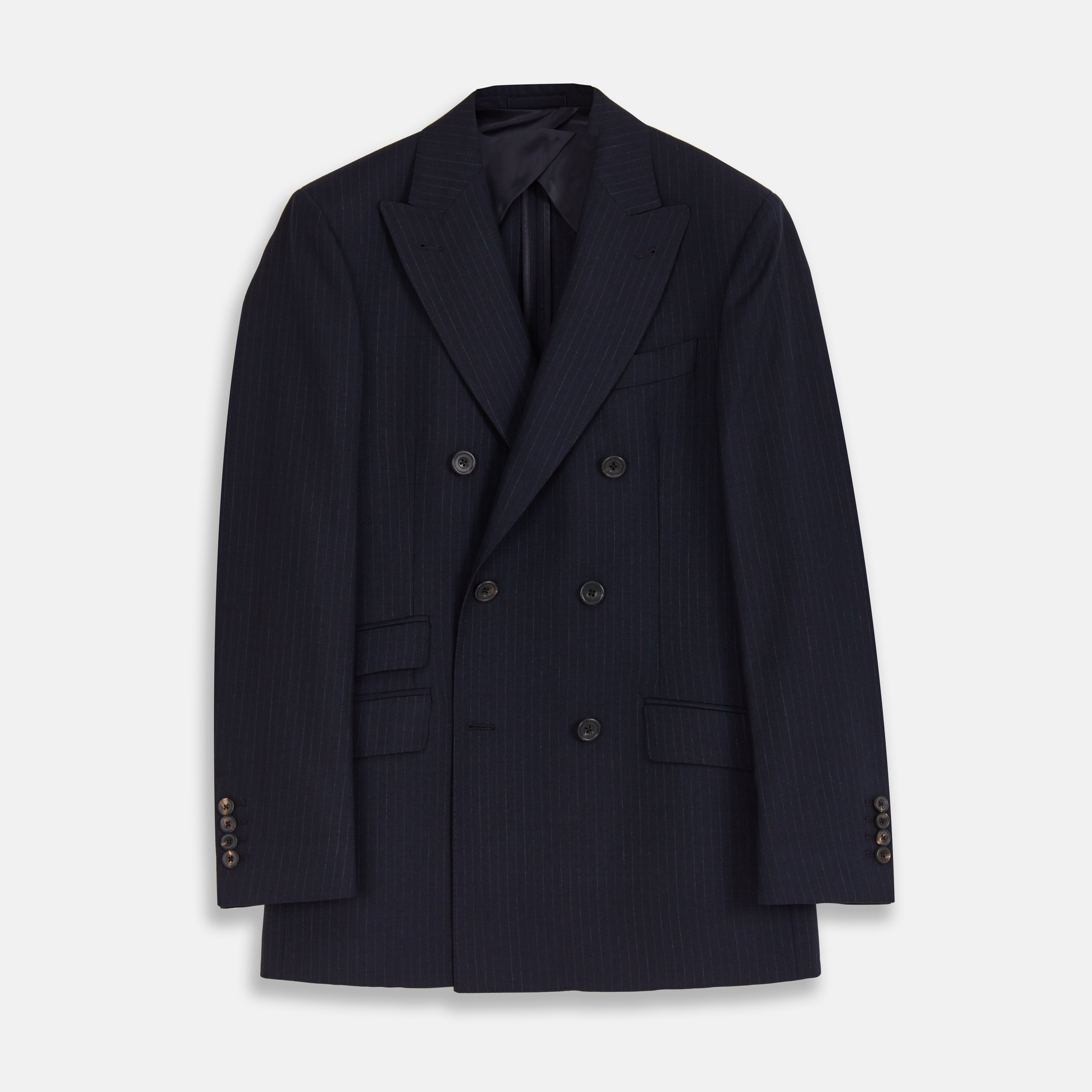 View 1 of product The Turnbull & Asser Navy Wool Pinstripe Double-Breasted Jacket features peak lapels, four front buttons, and three front pockets, and is displayed on a plain white background.