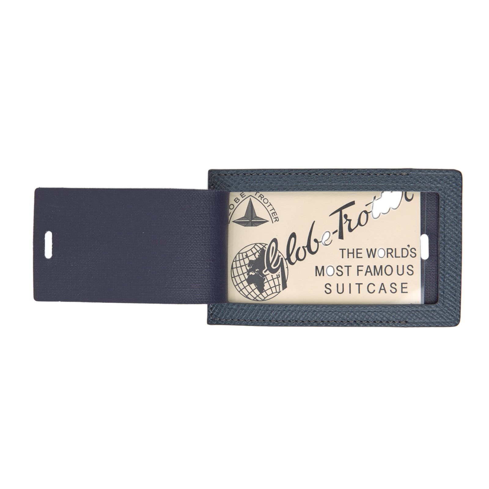 View 2 of product The Blue Leather Luggage Tag by Turnbull & Asser features textured leather, a metal buckle and strap, and displays the logo with "Made in England" printed in white at the bottom.