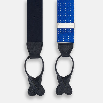 Pale Blue & White Small Spot Adjustable Silk and Navy Leather Braces Image 1