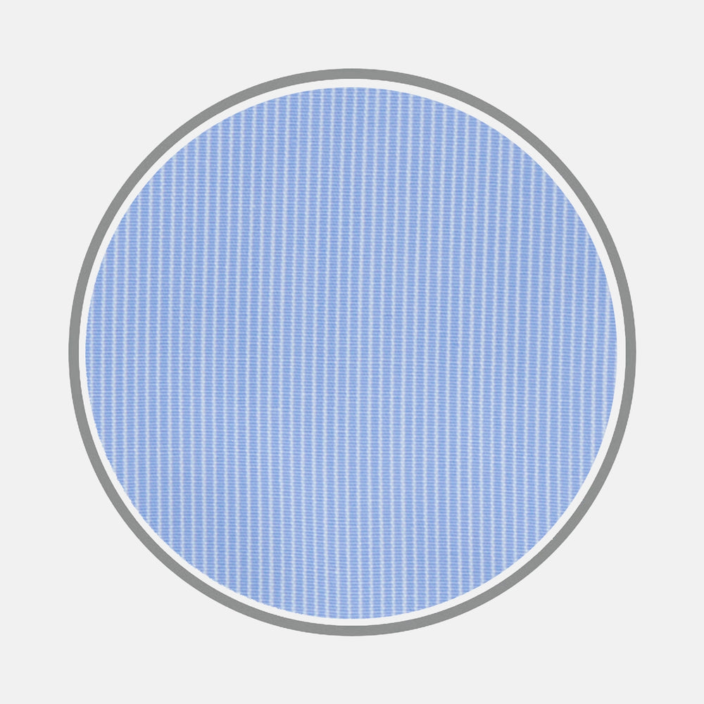 The Light Blue Fine Stripe Cotton Fabric from Turnbull & Asser features a circular blue grid pattern with fine vertical and horizontal stripes, set within a grey border on a white background for a subtly textured look.