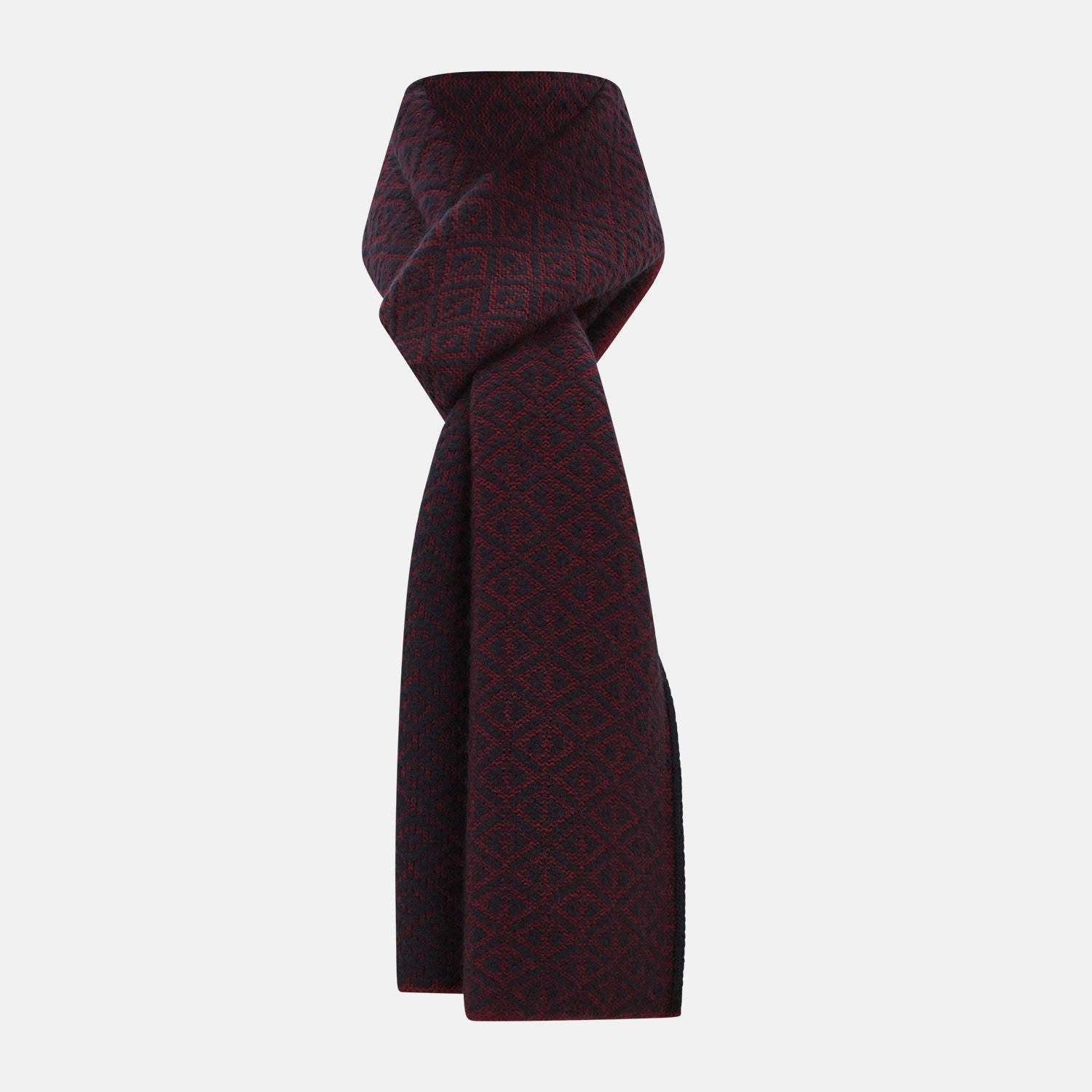 View 1 of product The Turnbull & Asser Navy and Burgundy Diamond-Patterned Cashmere Knitted Scarf, displayed upright on a plain white background, exudes sumptuous softness.