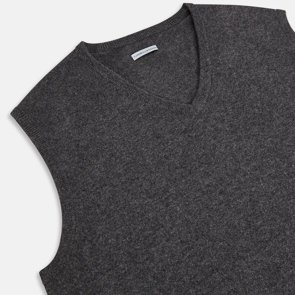The Turnbull & Asser Charcoal Grey Melange V-neck Cashmere Vest is showcased against a plain white background.