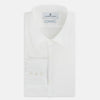 View 5 of product The PLAIN WHITE WESTMINSTER SHIRT WITH TURNBULL COLLAR AND 3-BUTTON CUFFS by Turnbull & Asser features refined British craftsmanship, long sleeves, a straight hem, and a crisp white design displayed on a plain background.