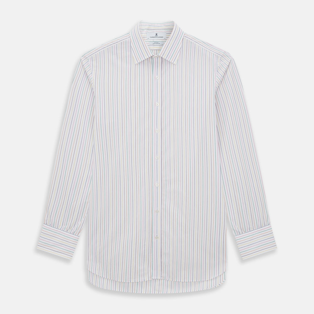 The Turnbull & Asser Rainbow Double Pinstripe Mayfair Shirt is a pure cotton, long-sleeved button-up with a collar and buttoned cuffs, featuring colourful blue, red, and yellow stripes on white, displayed on a plain white background.