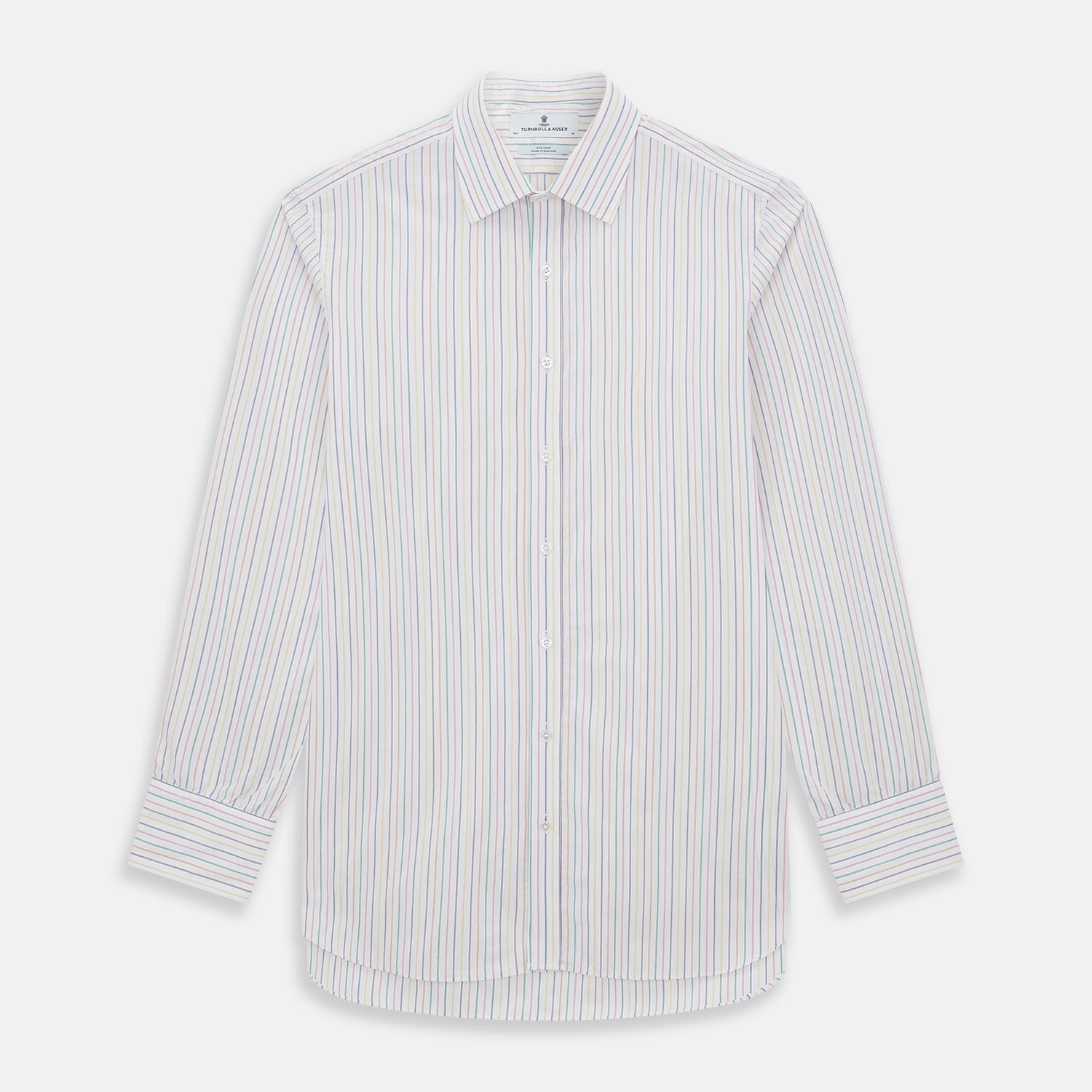 View 1 of product The Turnbull & Asser Rainbow Double Pinstripe Mayfair Shirt is a pure cotton, long-sleeved button-up with a collar and buttoned cuffs, featuring colourful blue, red, and yellow stripes on white, displayed on a plain white background.