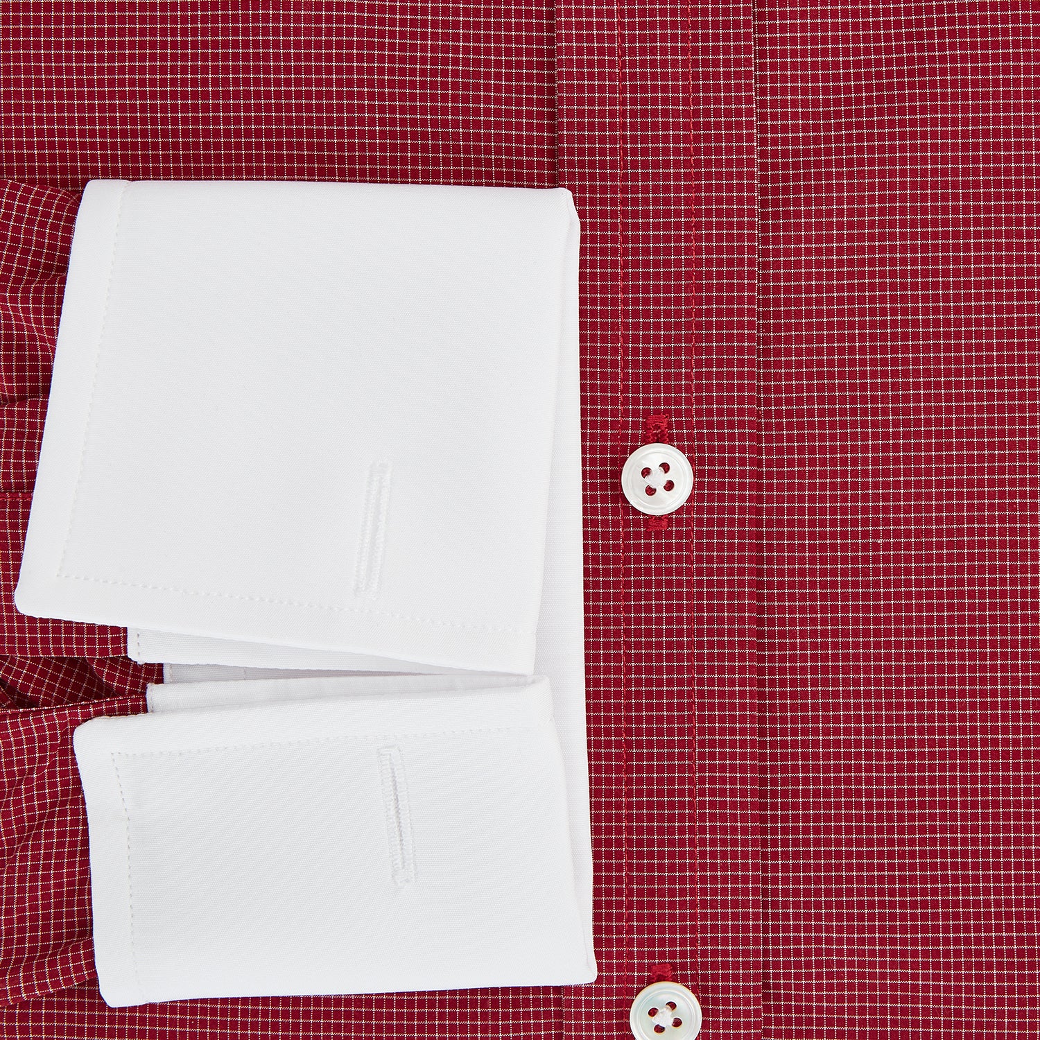View 4 of product The Turnbull & Asser Dark Red Pin Check Shirt features a crisp white contrast collar and cuffs, with long sleeves and button-up design, shown against a white background.