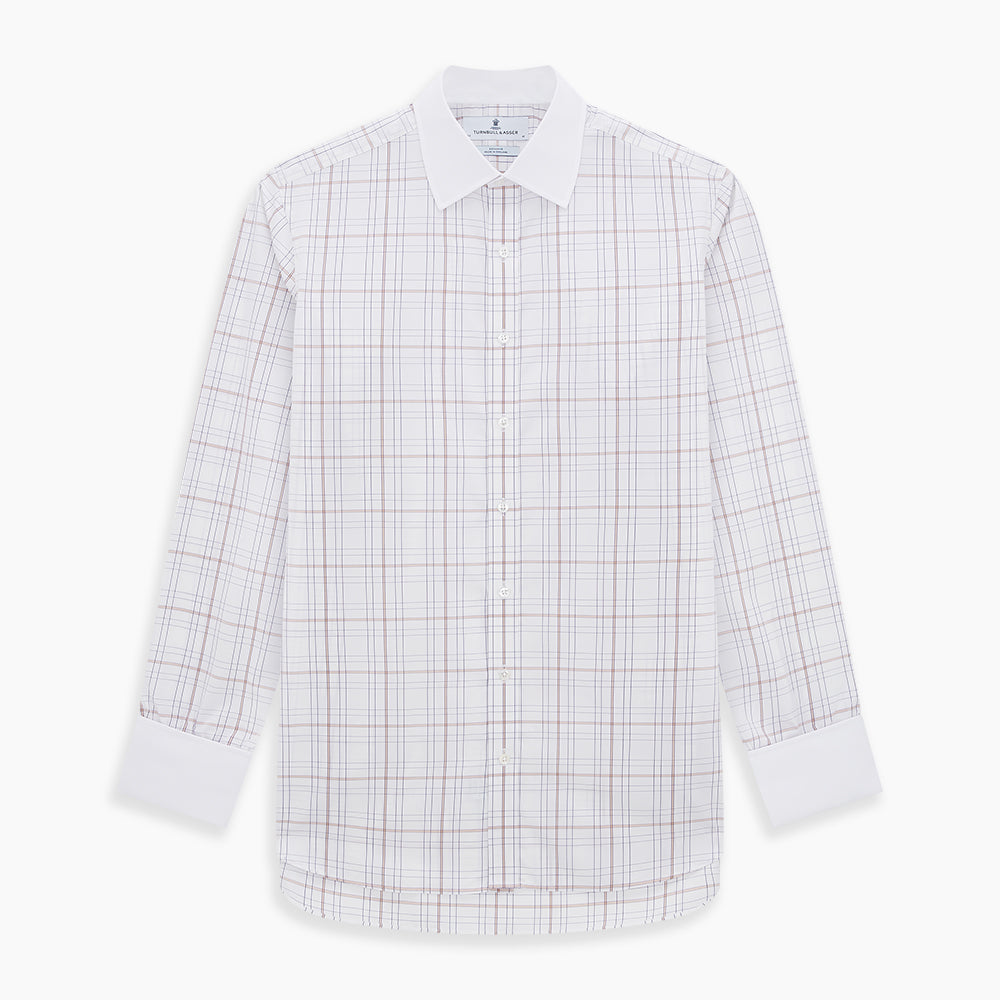 The Turnbull & Asser Purple Multi Plaid Check Shirt features a spread collar, double cuffs, and a fitted silhouette. Its bold plaid pattern and contrast collar add a modern touch to classic British style. Displayed on a plain white background.
