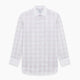 The Turnbull & Asser Purple Multi Plaid Check Shirt features a spread collar, double cuffs, and a fitted silhouette. Its bold plaid pattern and contrast collar add a modern touch to classic British style. Displayed on a plain white background.