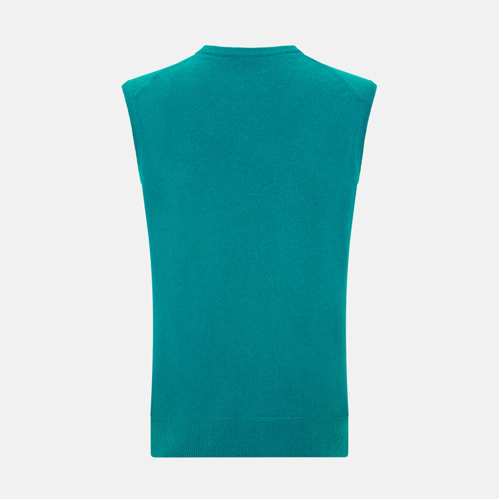 The Turnbull & Asser Turquoise Cashmere V-Neck Vest features ribbed detailing at the neck, armholes, and hem. Shown on a white background, its soft cashmere fabric brings refined charm to any distinguished look.