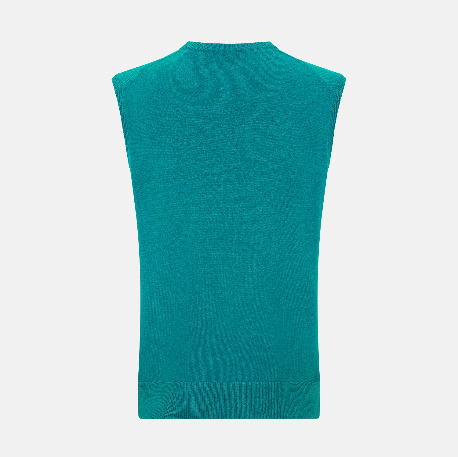 View 3 of product The Turnbull & Asser Turquoise Cashmere V-Neck Vest features ribbed detailing at the neck, armholes, and hem. Shown on a white background, its soft cashmere fabric brings refined charm to any distinguished look.