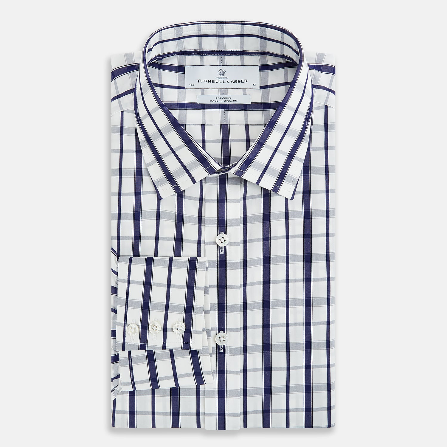 View 5 of product The Turnbull & Asser Navy Plaid Check Mayfair Shirt is crafted from pure cotton in white and navy checks, featuring a pointed collar and buttoned cuffs—perfect for formal looks.