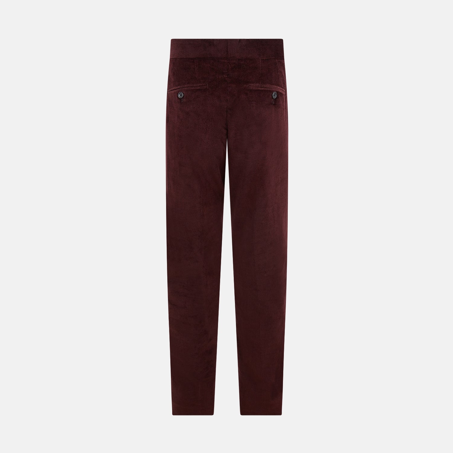 View 3 of product The Turnbull & Asser Burgundy Corduroy Henry Trousers feature a straight-leg cut, button and zip closure, and adjustable side tabs—perfect for refined formalwear—shown here on a plain white background.