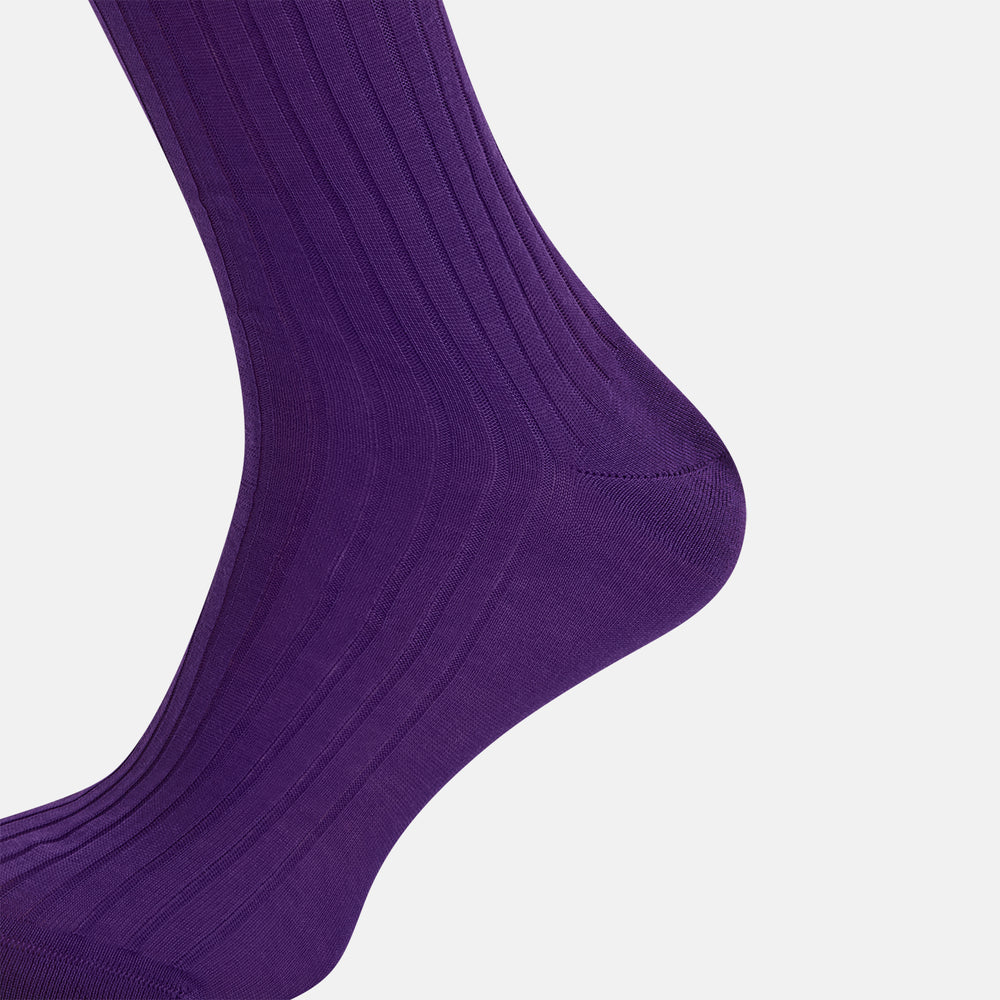 A single knee-high Purple Long Sock from Turnbull & Asser, made of ribbed mercerised Egyptian cotton, is displayed upright on a plain light gray background.