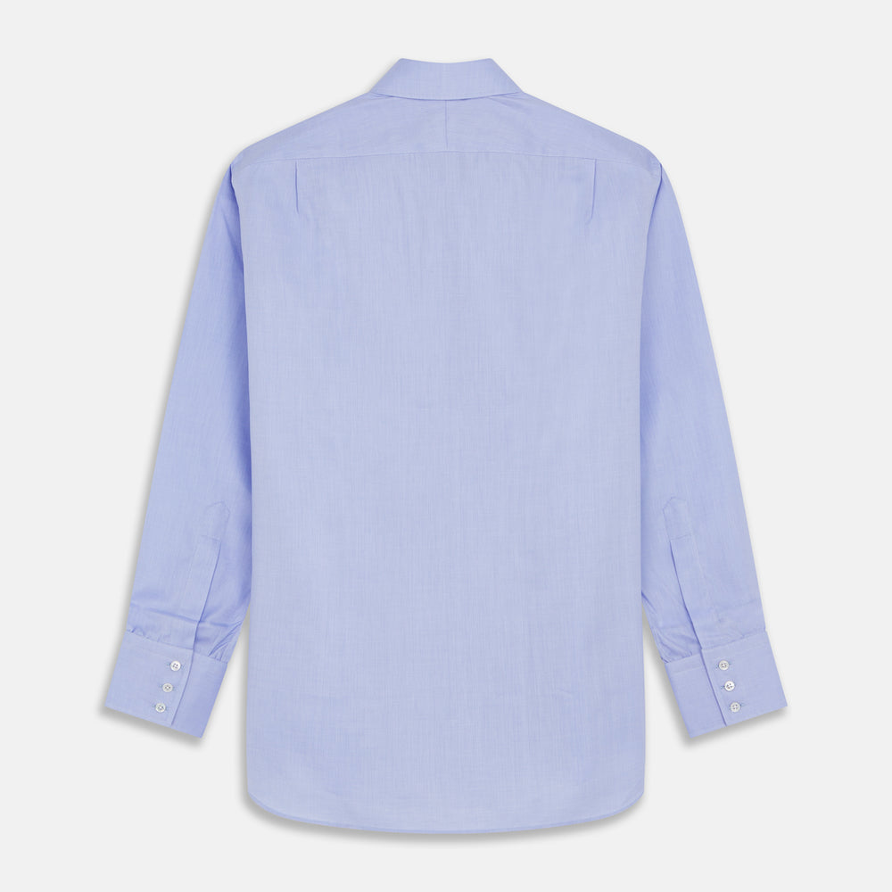 The Turnbull & Asser Blue Herringbone Regular Fit Shirt features a classic Kent collar, long sleeves, white buttons, and buttoned cuffs. Displayed on a white background, it's the perfect formal shirt for any occasion.