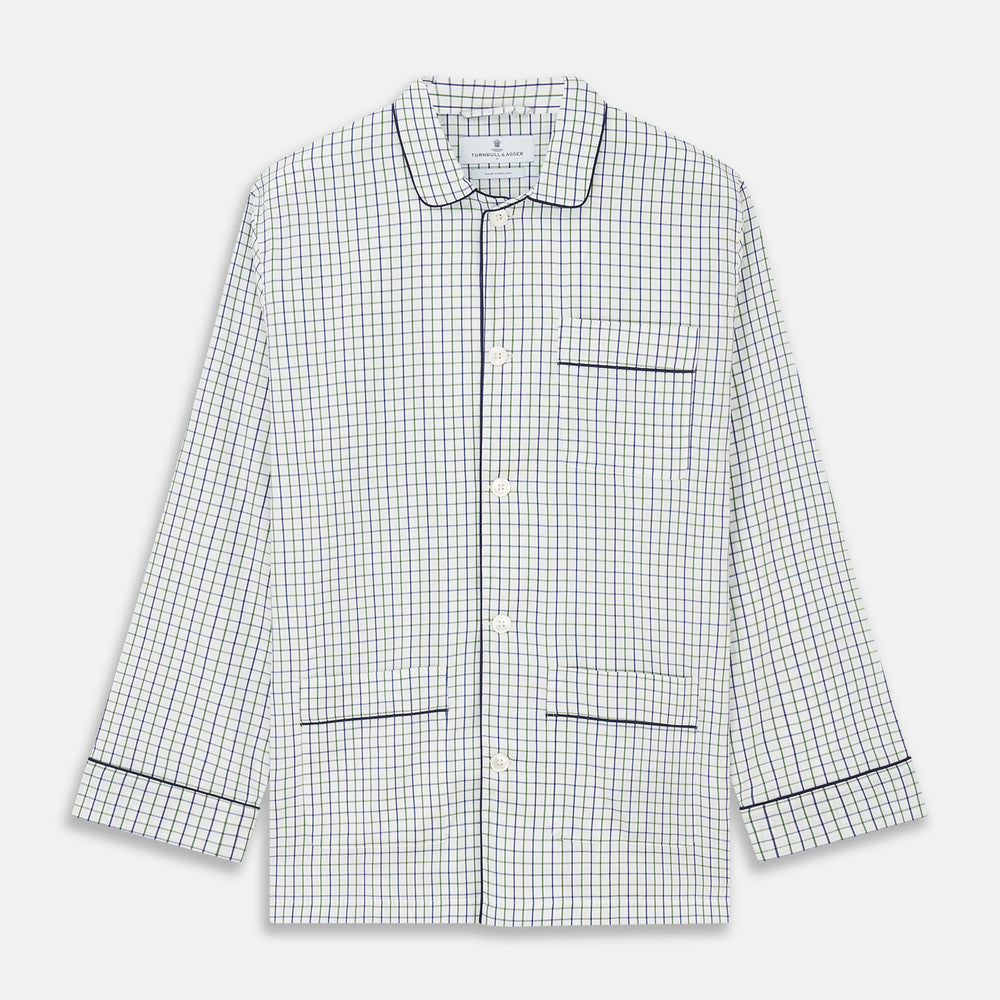 The Turnbull & Asser Green and Blue Check Cotton Hyde Pyjama Set for men features a long-sleeve, button-up top and pants with contrasting dark piping, shown laid flat on a white background.