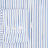 View 4 of product The Blue and Navy Double Stripe Mayfair Shirt by Turnbull & Asser features a classic T&A collar and thin blue stripes on a white background, displayed against a plain white surface.