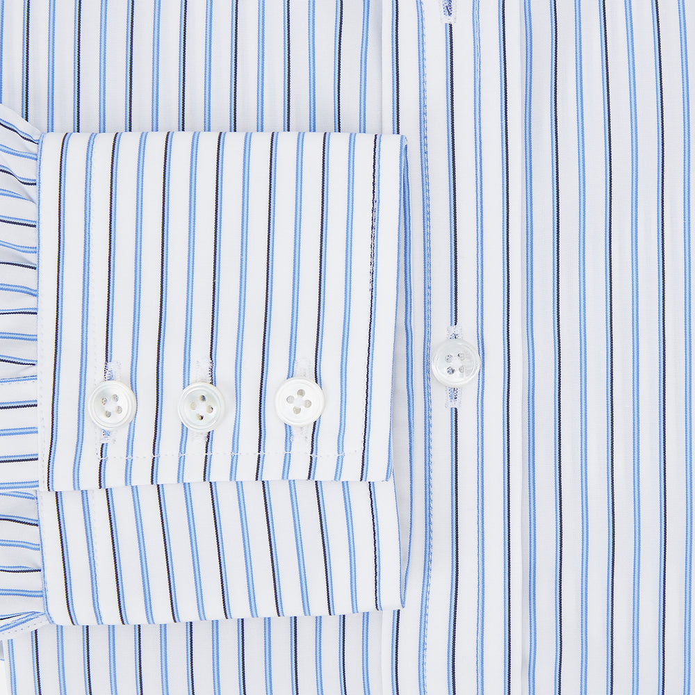 The Blue and Navy Double Stripe Mayfair Shirt by Turnbull & Asser features a classic T&A collar and thin blue stripes on a white background, displayed against a plain white surface.