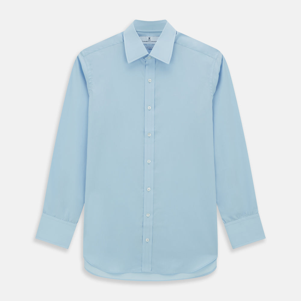 The Turnbull & Asser Light Blue Sea Island Quality Cotton Shirt features a T&A collar, long sleeves, and 3-button cuffs, beautifully displayed flat on a white background.