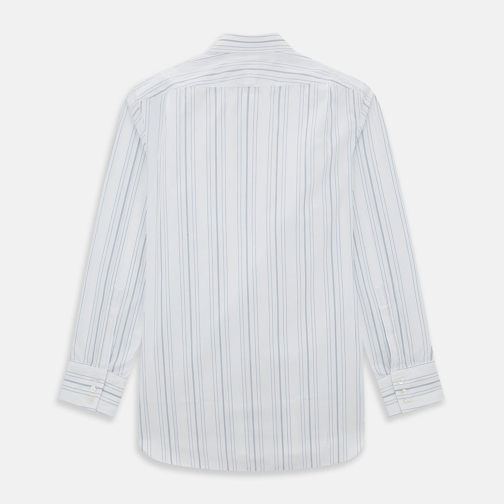 The Turnbull & Asser Pale Blue Multi Stripe Mayfair Shirt, featuring long sleeves, a classic collar, and buttoned cuffs, exemplifies British craftsmanship and is shown flat on a white background for a crisp look.