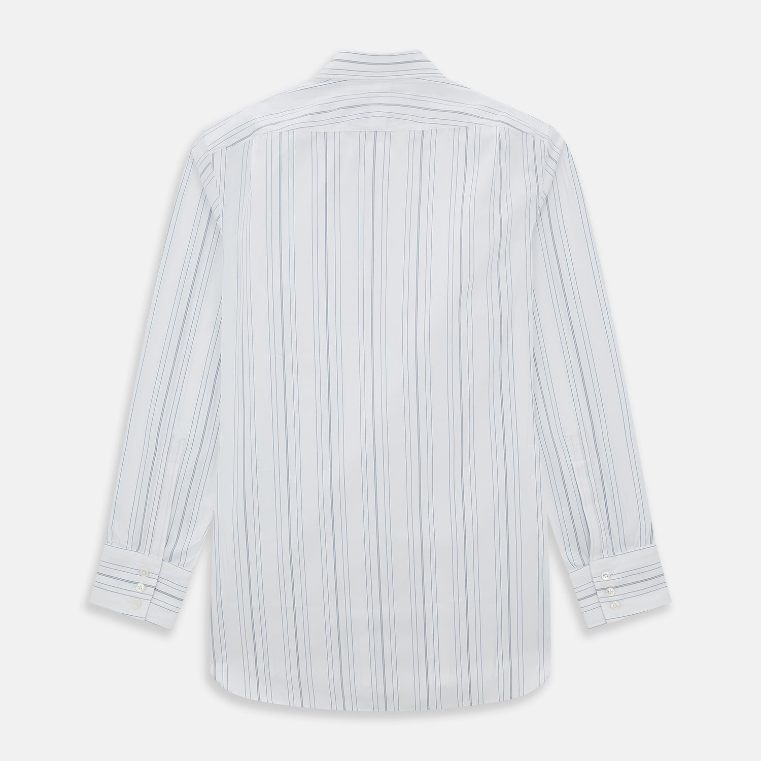 View 3 of product The Turnbull & Asser Pale Blue Multi Stripe Mayfair Shirt, featuring long sleeves, a classic collar, and buttoned cuffs, exemplifies British craftsmanship and is shown flat on a white background for a crisp look.