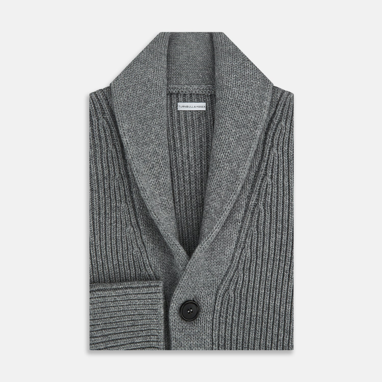 View 4 of product The Turnbull & Asser Grey Melange Cashmere Shawl Collar Cardigan features a ribbed-knit texture, five black front buttons, and two pockets, shown against a plain white background.