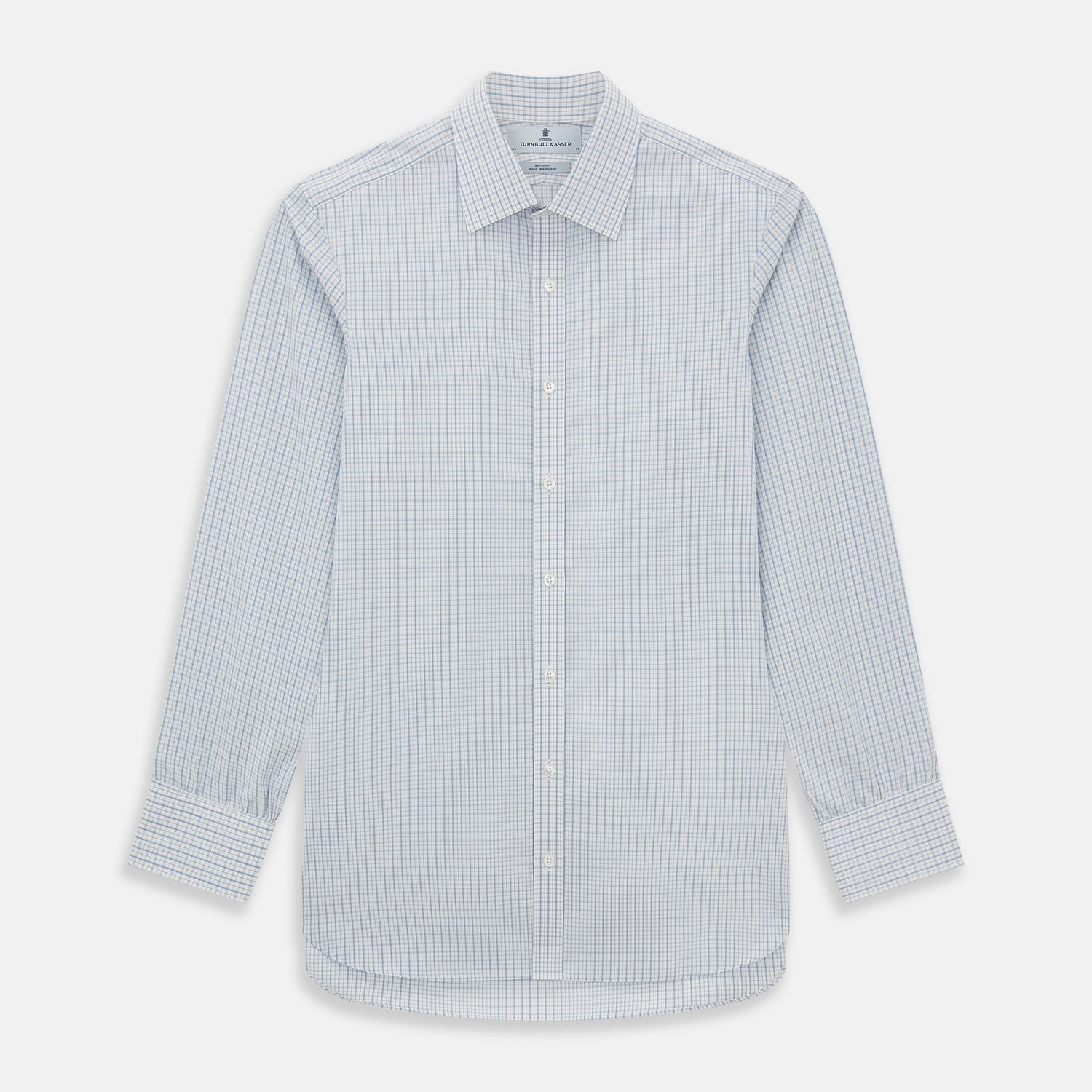 View 1 of product The Turnbull & Asser Sky Blue Combination Graph Check Mayfair Shirt features long sleeves, a pointed collar, buttoned cuffs, and a blue and white check pattern that showcases British craftsmanship. Displayed on a white background.