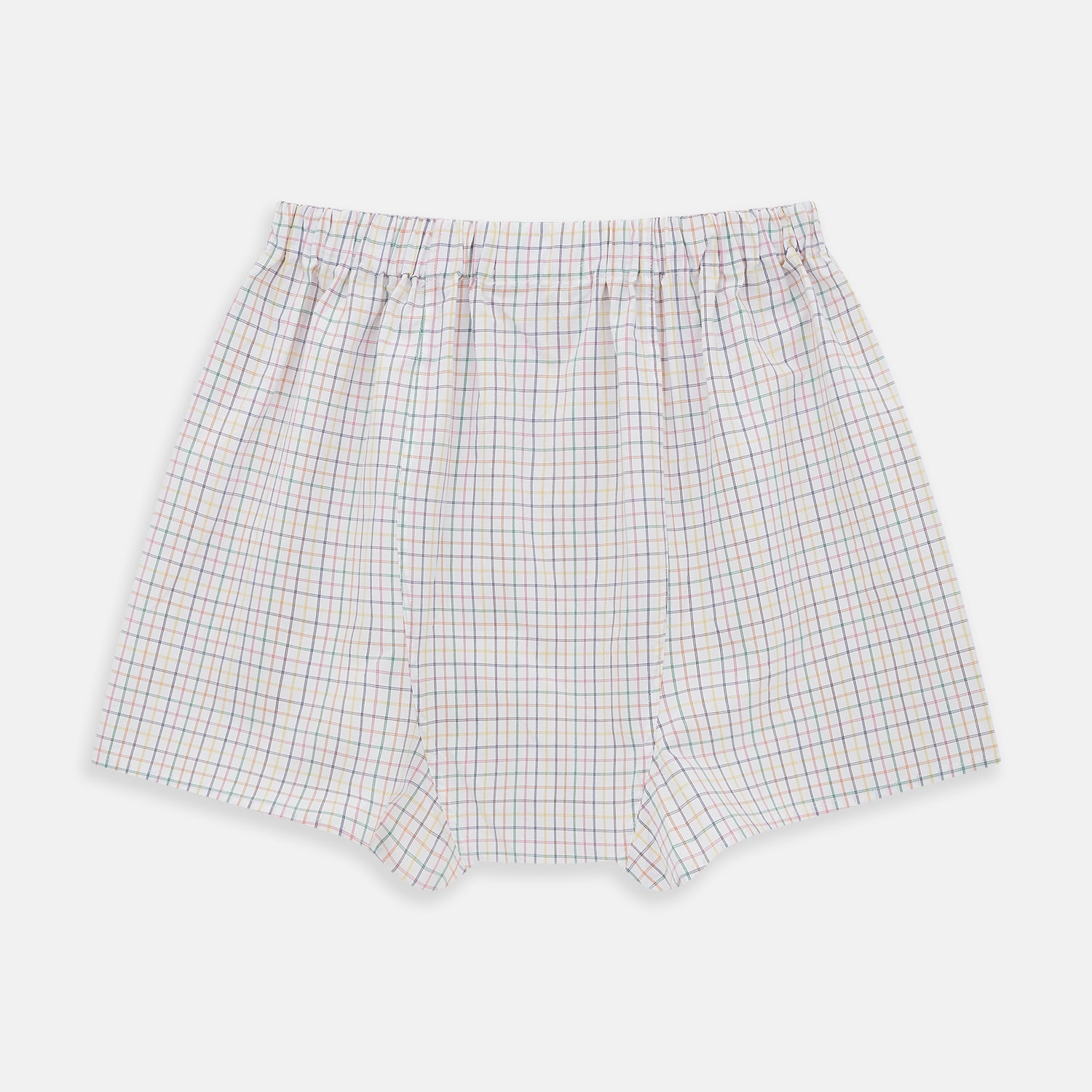 View 2 of product The Rainbow Check Godfrey Boxer Shorts by Turnbull & Asser are crafted from white Italian cotton with an elastic waistband and feature a colorful checked pattern in thin blue, red, and green lines. They are shown flat against a white background.