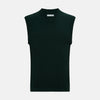 View 1 of product The Turnbull & Asser Forest Green Fine Merino V-Neck Vest is a sleeveless knitwear piece with ribbed edges, shown on a plain white background—ideal for elevating men’s sophisticated wardrobes.