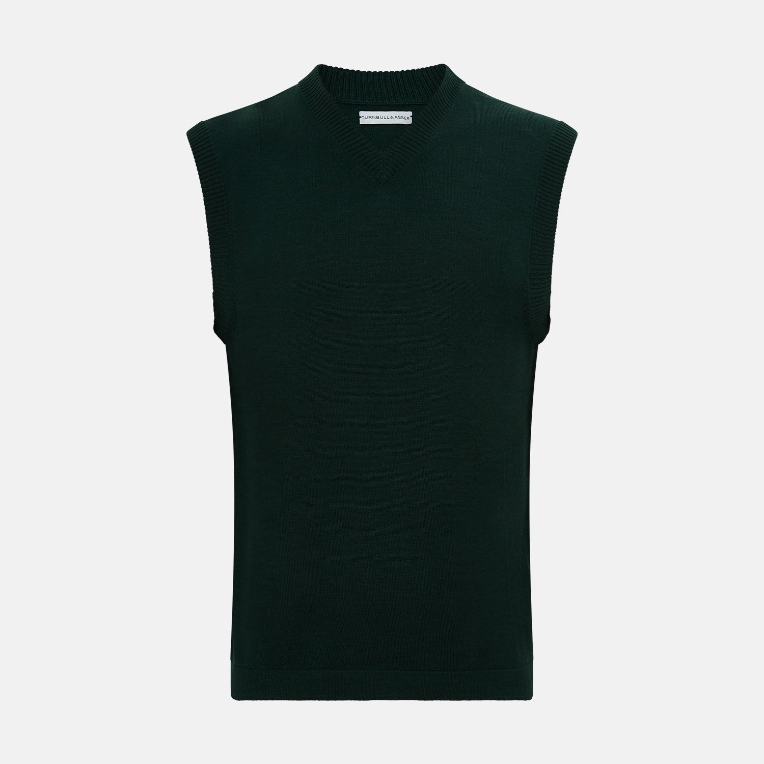 View 1 of product The Turnbull & Asser Forest Green Fine Merino V-Neck Vest is a sleeveless knitwear piece with ribbed edges, shown on a plain white background—ideal for elevating men’s sophisticated wardrobes.