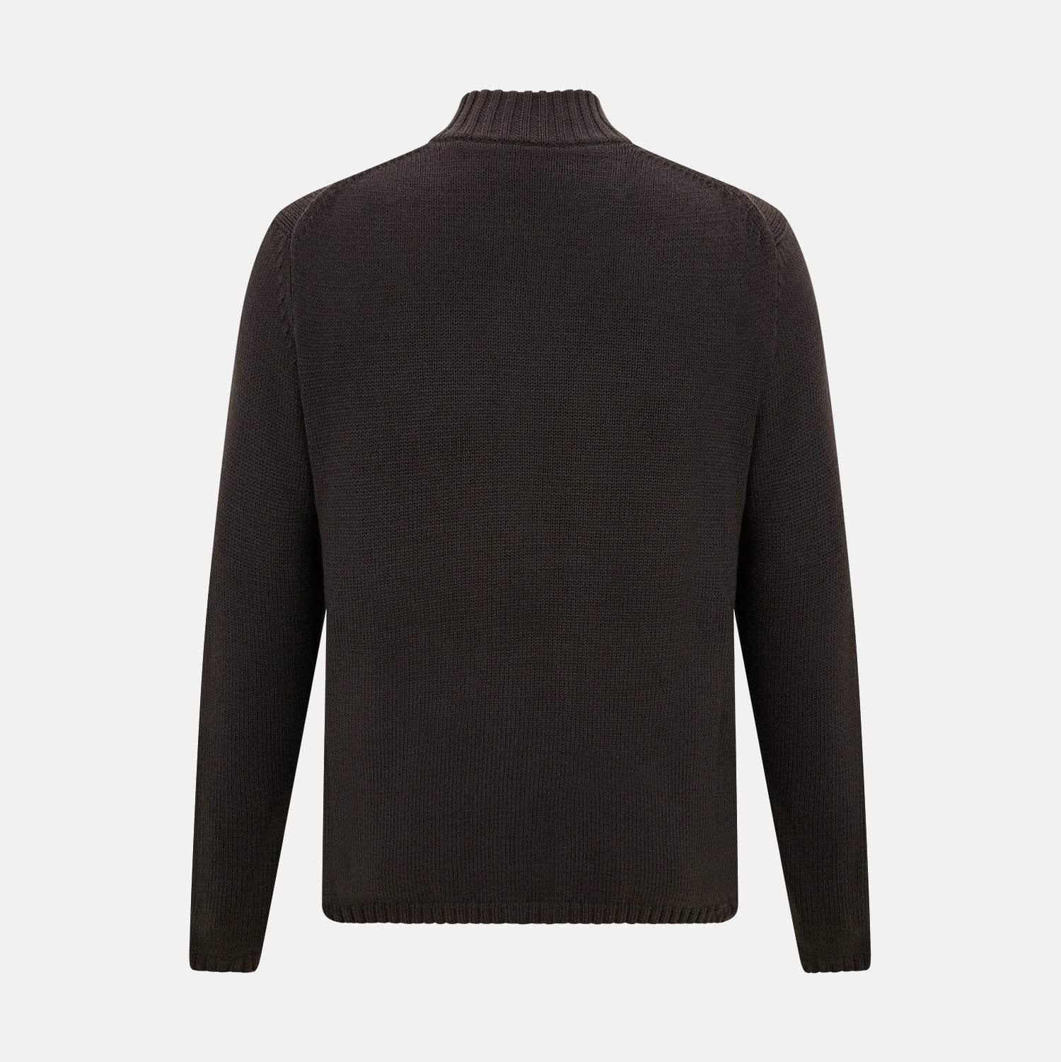 View 3 of product The Brown Merino High Neck Zipped Cardigan by Turnbull & Asser features long sleeves, ribbed cuffs and hem, and is shown on a white background as part of our knitwear collection.