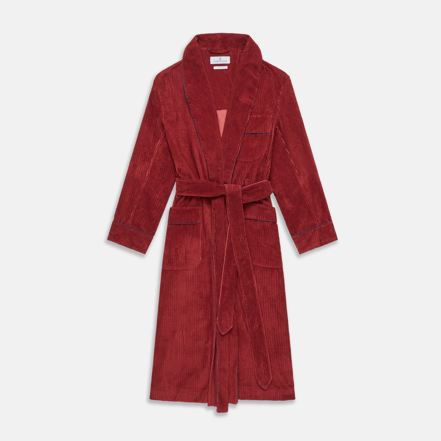 View 1 of product The Turnbull & Asser Burgundy Linen & Cotton Cord Gown, expertly made in England, features a shawl collar, patch pockets, and a matching fabric belt—shown here on a white background.