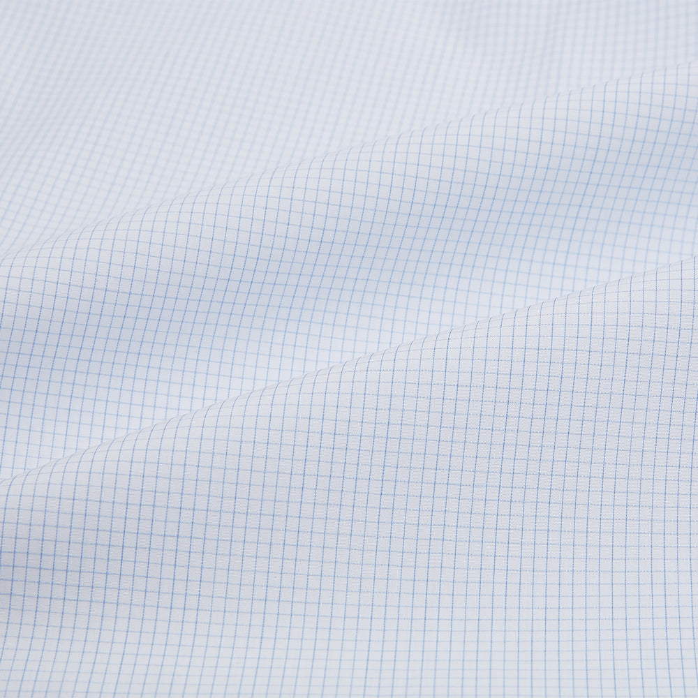 The Turnbull & Asser Blue and White Micro Check Mayfair Shirt features a pointed collar and white buttons, shown flat against a white background.