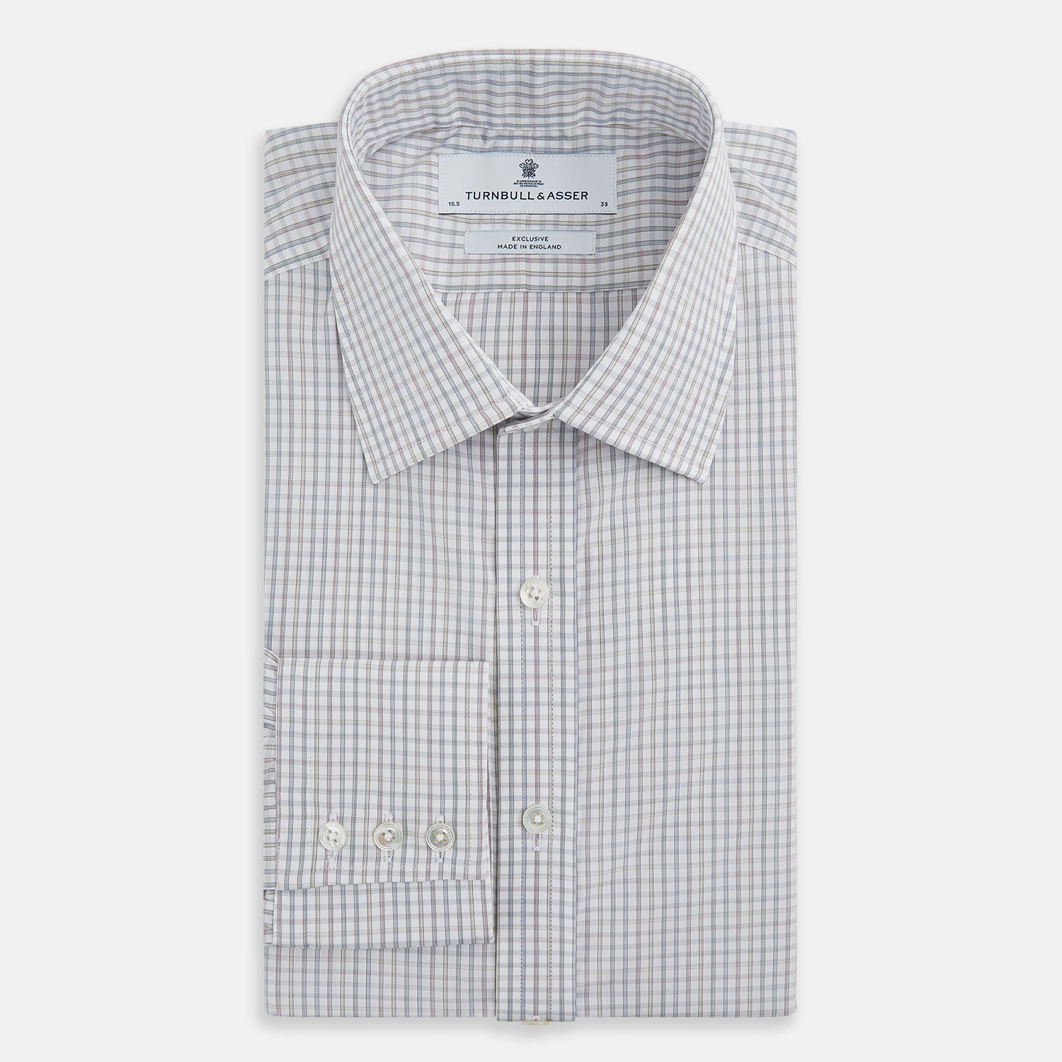 View 5 of product The Turnbull & Asser Sky Blue Multi Graph Check Shirt features long sleeves, a button-up front, pointed T&A collar, buttoned cuffs, and a small blue-and-white check pattern, shown on a white background.