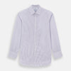 View 1 of product The Turnbull & Asser Purple Shadow Stripe Mayfair Shirt features a long-sleeve button-up design with thin vertical blue and white stripes, a T&A collar, and buttoned cuffs, shown on a plain white background.
