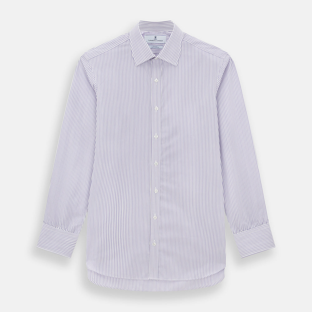 The Turnbull & Asser Purple Shadow Stripe Mayfair Shirt features a long-sleeve button-up design with thin vertical blue and white stripes, a T&A collar, and buttoned cuffs, shown on a plain white background.