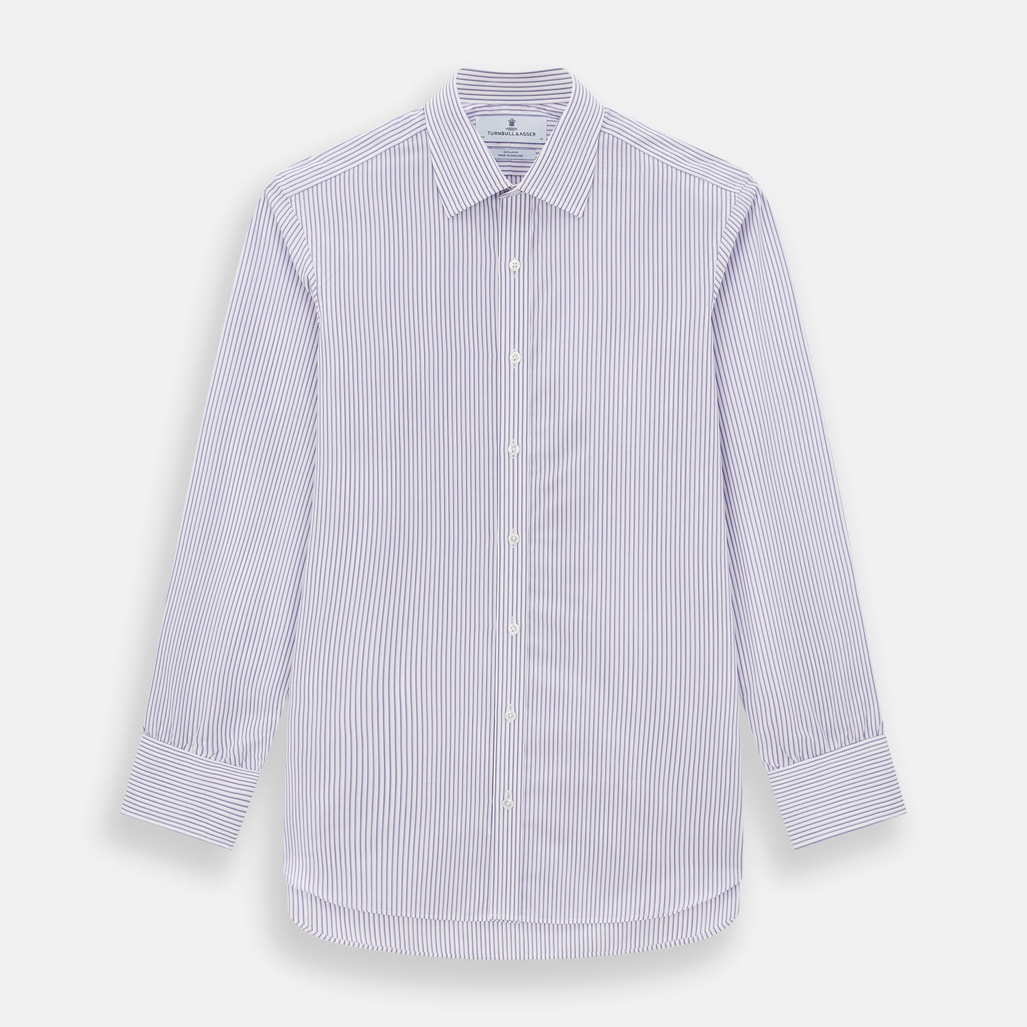 View 1 of product The Turnbull & Asser Purple Shadow Stripe Mayfair Shirt features a long-sleeve button-up design with thin vertical blue and white stripes, a T&A collar, and buttoned cuffs, shown on a plain white background.