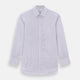 The Turnbull & Asser Purple Shadow Stripe Mayfair Shirt features a long-sleeve button-up design with thin vertical blue and white stripes, a T&A collar, and buttoned cuffs, shown on a plain white background.