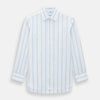 View 1 of product The Colony Blue Track Stripe Mayfair Shirt by Turnbull & Asser is a long-sleeve, button-up Italian cotton shirt with a white base and blue stripes, pointed collar, and buttoned cuffs, shown laid flat on a white background.