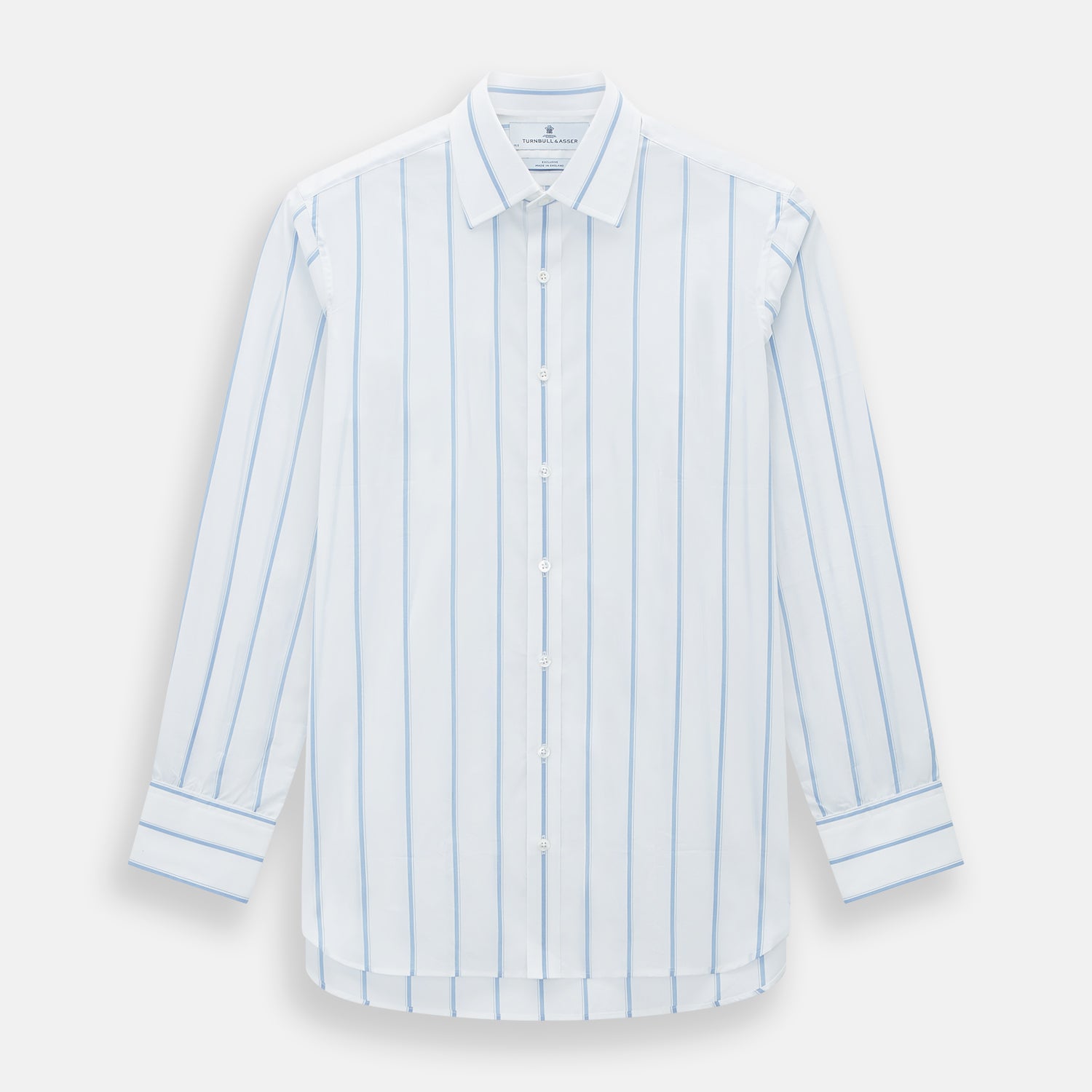View 1 of product The Colony Blue Track Stripe Mayfair Shirt by Turnbull & Asser is a long-sleeve, button-up Italian cotton shirt with a white base and blue stripes, pointed collar, and buttoned cuffs, shown laid flat on a white background.