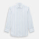 The Colony Blue Track Stripe Mayfair Shirt by Turnbull & Asser is a long-sleeve, button-up Italian cotton shirt with a white base and blue stripes, pointed collar, and buttoned cuffs, shown laid flat on a white background.