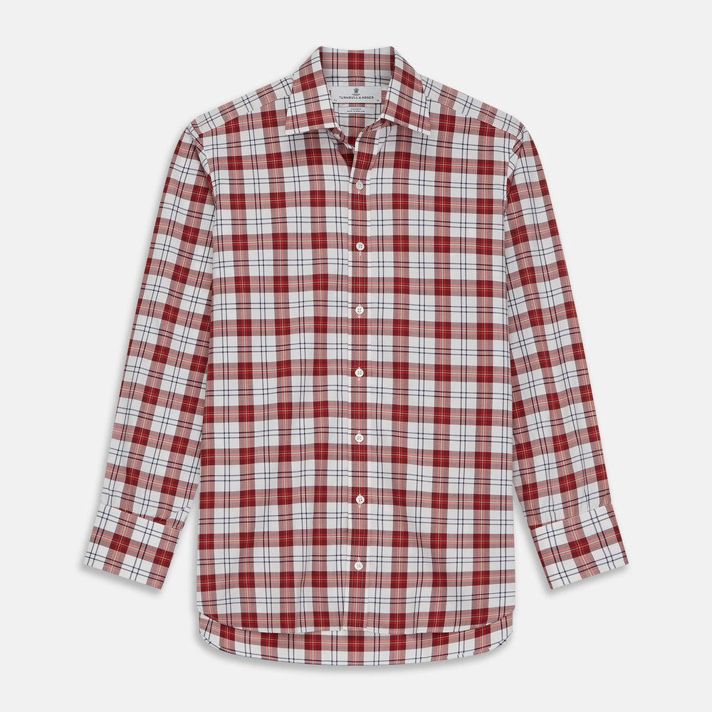 The Turnbull & Asser Red Check Shirt, featuring a T&A collar and 3-button cuffs, is displayed laid flat on a white background.