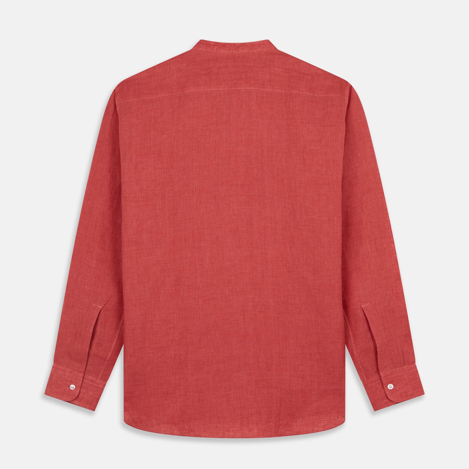 View 7 of product The Turnbull & Asser Plain Red Linen Weekend Fit Shirt with Stand Collar features long sleeves, a button-up front, and two buttoned-flap chest pockets. It is shown neatly laid flat on a plain light background.
