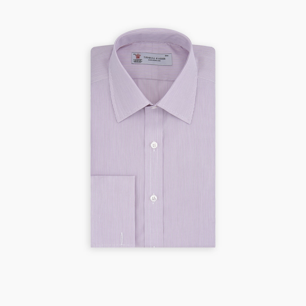 The Turnbull & Asser Hair Stripe Poplin Classic Fit Shirt features a T & A collar, long sleeves, light pink stripes, and ethically sourced mother-of-pearl buttons, crafted from quality cotton and displayed on a plain white background.