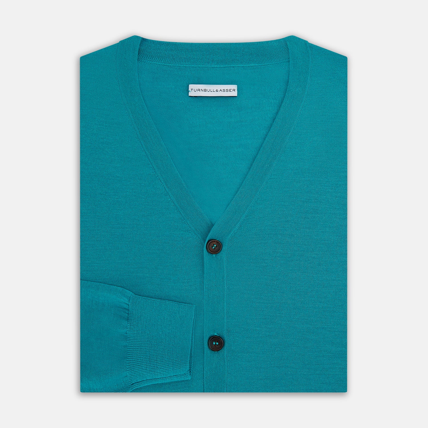 View 4 of product The Turnbull & Asser Turquoise Fine Merino V-Neck Cardigan features long sleeves, ribbed cuffs and hem, and black buttons, showcased against a plain white background.