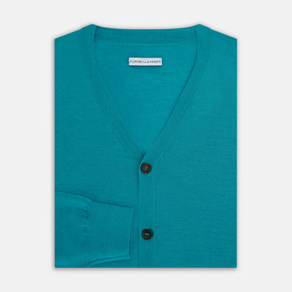 Turquoise Fine Merino V-Neck Cardigan Image 3