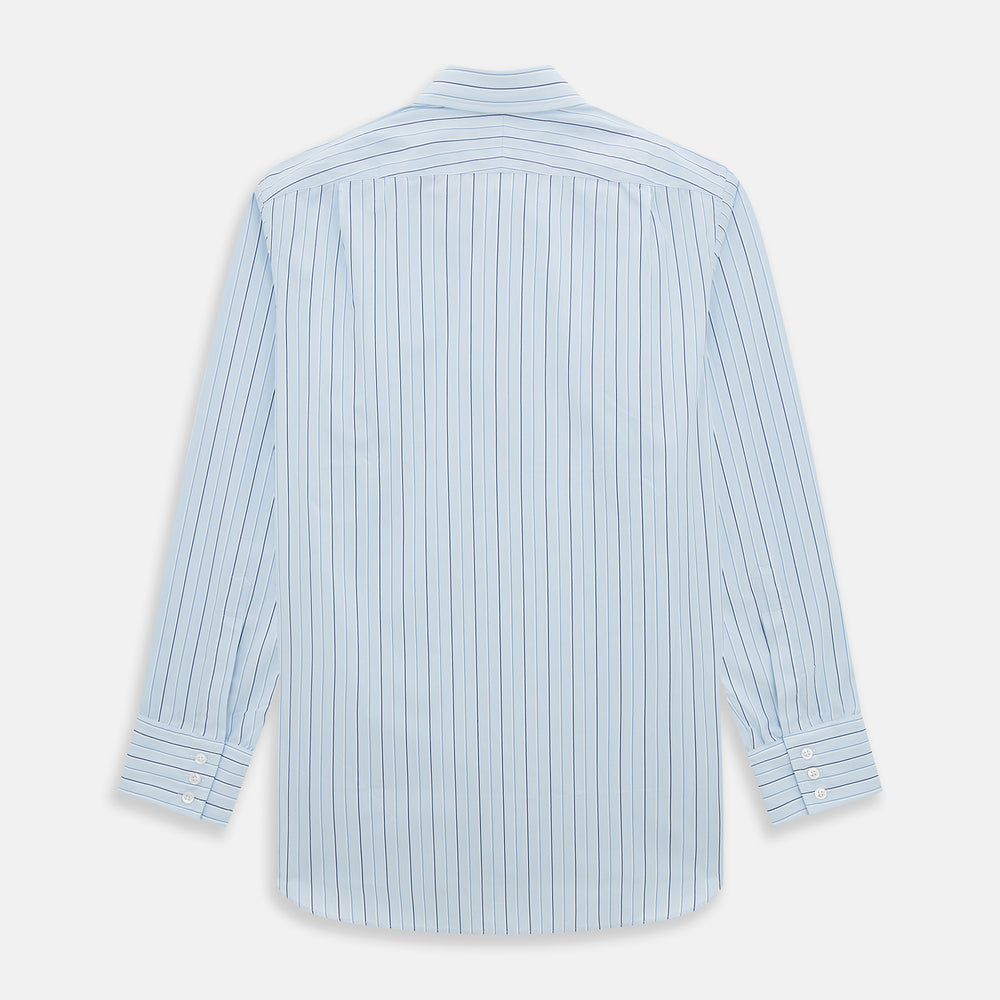 The Turnbull & Asser Navy and Blue Combination Stripe Mayfair Shirt, featuring thin vertical stripes and a classic collar, is displayed laid flat on a white background.