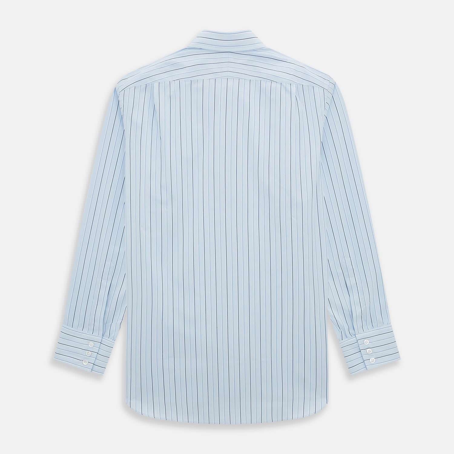 View 3 of product The Turnbull & Asser Navy and Blue Combination Stripe Mayfair Shirt, featuring thin vertical stripes and a classic collar, is displayed laid flat on a white background.